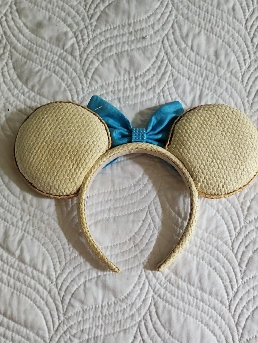 Disney X BaubleBar Straw Mouse Ear Headband with Bright Turquoise Bow